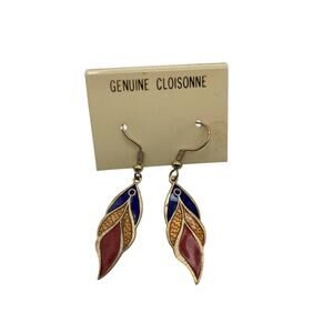 Vintage Genuine Cloisonne Enamel Leaf Dangle Earrings Red Blue Gold Tone